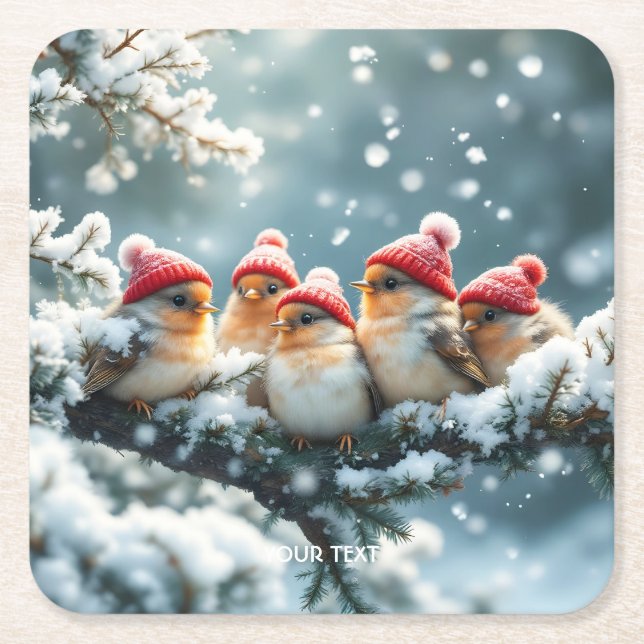 Fantasy Cute  Birds Hat Snow Square Paper Coaster (Front)