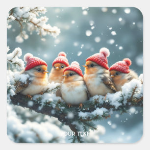 Fantasy Cute Birds Hat Snow Square Sticker