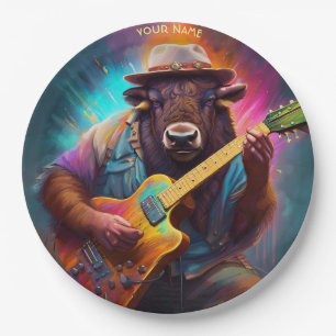 Fantasy Cute Bison Playing Guitar Paper Plate