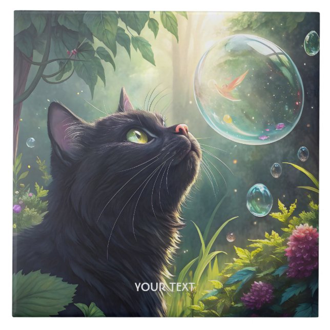 Fantasy Cute Black Cat Forest Ceramic Tile (Front)