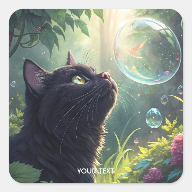 Fantasy Cute Black Cat Forest Square Sticker (Front)