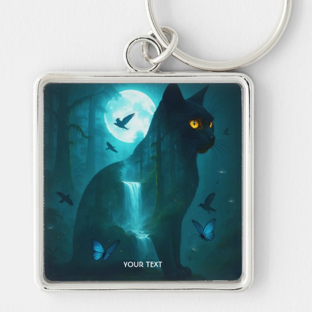 Fantasy Cute Black Surreal Cat Key Ring (Front)