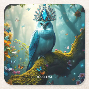 Fantasy Cute Blue Bird Forest Square Paper Coaster