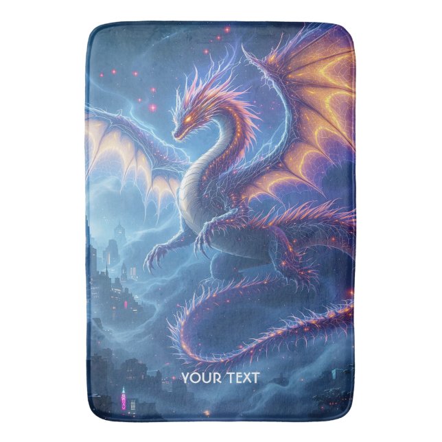 Fantasy Cute Blue Dragon City Bath Mat (Front Vertical)