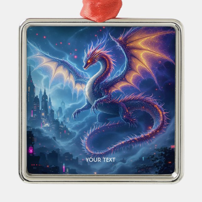 Fantasy Cute Blue Dragon City Metal Ornament (Front)