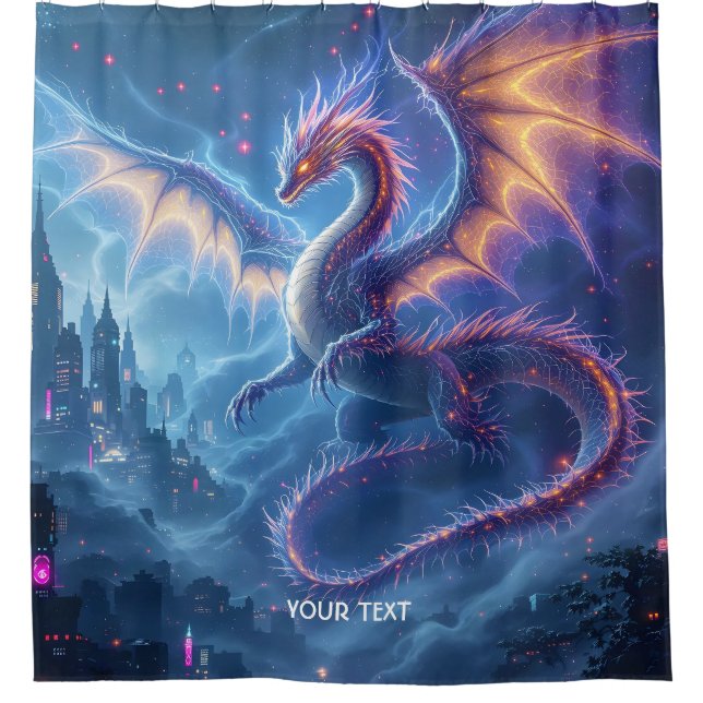 Fantasy Cute Blue Dragon City Shower Curtain (Front)