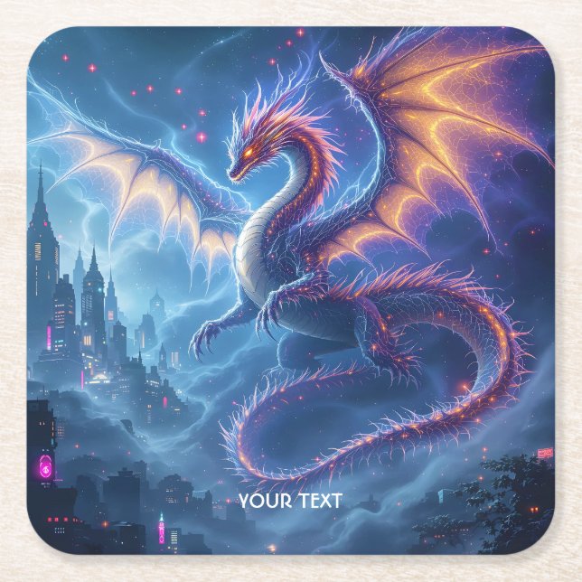 Fantasy Cute Blue Dragon City Square Paper Coaster (Front)