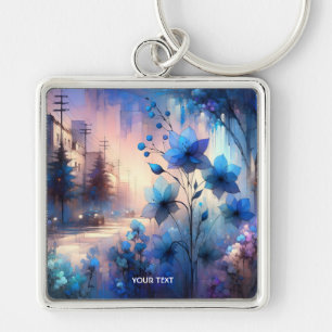 Fantasy Cute Blue Flowers City Key Ring