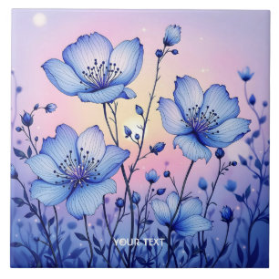 Fantasy Cute Blue Flowers Field Ceramic Tile