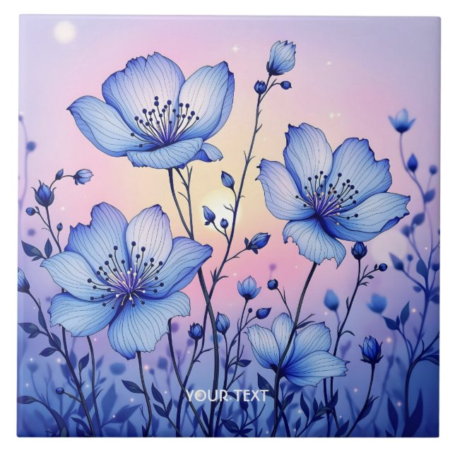 Fantasy Cute  Blue Flowers Field Ceramic Tile (Front)