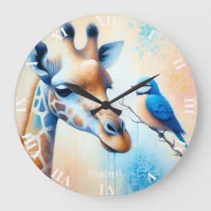 Fantasy Cute Blue Giraffe Bird Large Clock