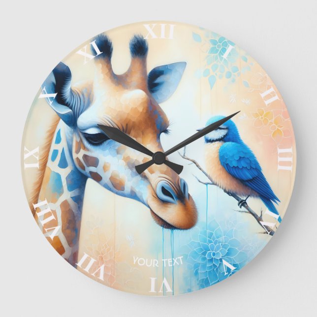 Fantasy Cute Blue Giraffe Bird Large Clock (Front)