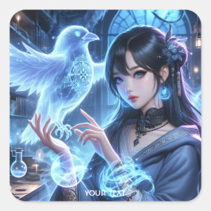 Fantasy Cute Blue Girl Raven Square Sticker