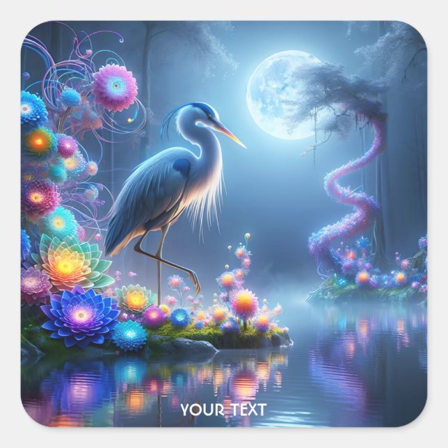 Fantasy Cute Blue Heron Lake Square Sticker (Front)