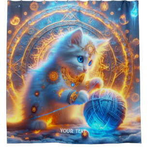 Fantasy Cute Blue Kitten Fireflakes Shower Curtain