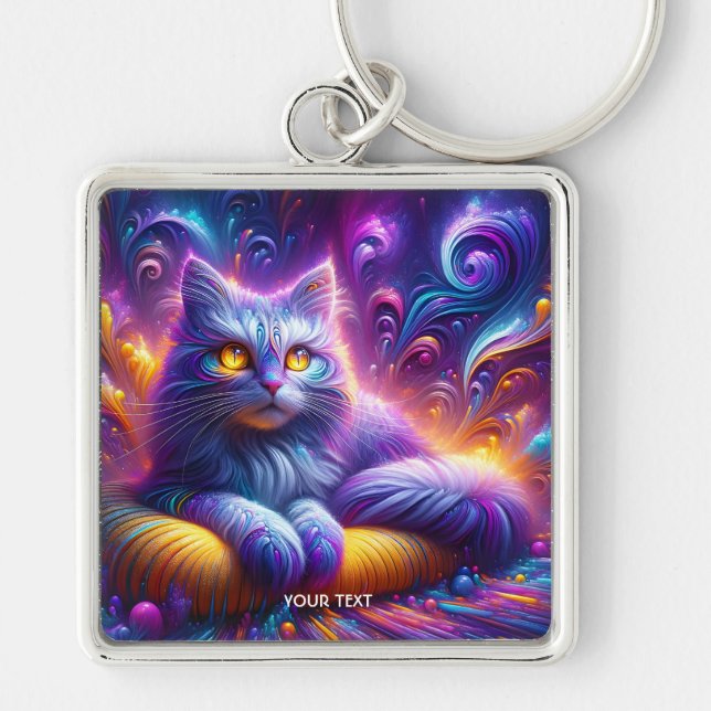 Fantasy Cute Blue Purple Cat Key Ring (Front)