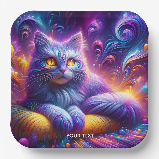 Fantasy Cute Blue Purple Cat Paper Plate (Front)