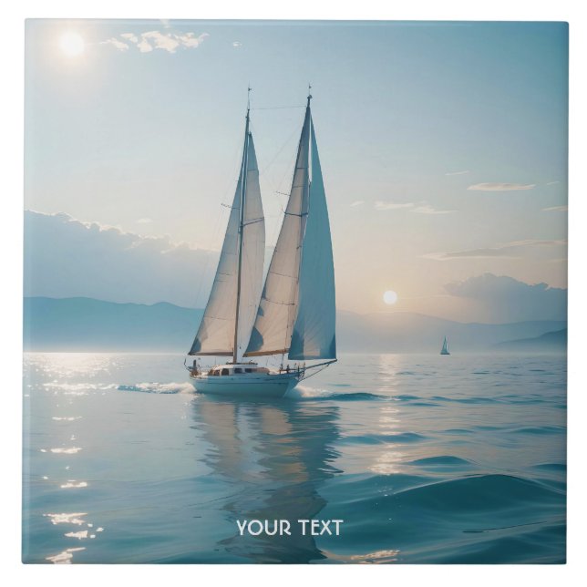 Fantasy Cute Boat Sea Sun Ceramic Tile (Front)