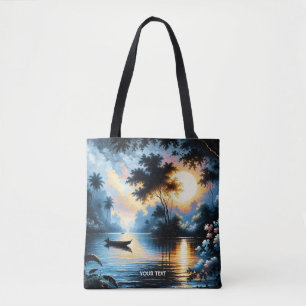 Fantasy Cute Boat Sunset Lake Tote Bag