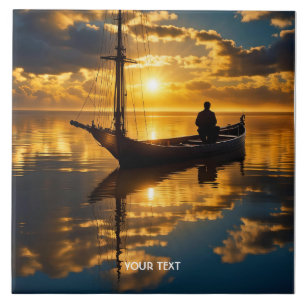 Fantasy Cute Boat Sunset Sea Ceramic Tile