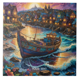 Fantasy Cute Boat Village Sunset Ceramic Tile