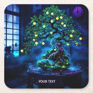 Fantasy Cute Bonsai Tree Lights Square Paper Coaster