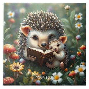 Fantasy Cute Book Mushrooms Flowers Ceramic Tile