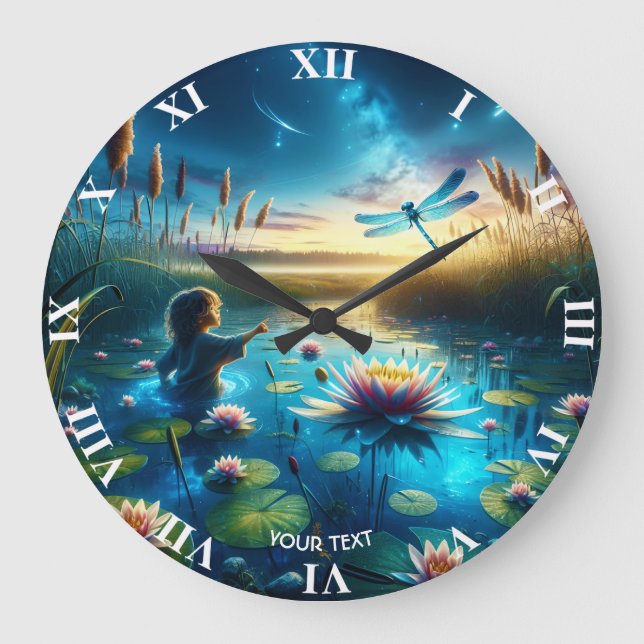 Fantasy Cute Boy Dragonfly Night Large Clock (Front)