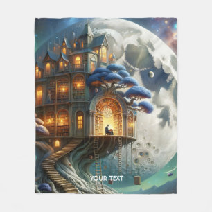 Fantasy Cute Boy Moon Library Fleece Blanket