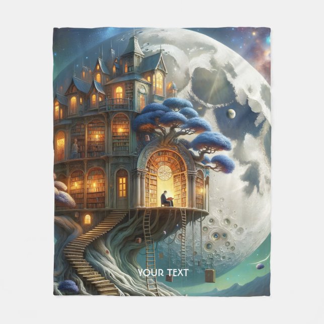 Fantasy Cute Boy Moon Library Fleece Blanket (Front)