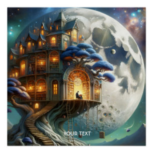 Fantasy Cute Boy Moon Library Poster