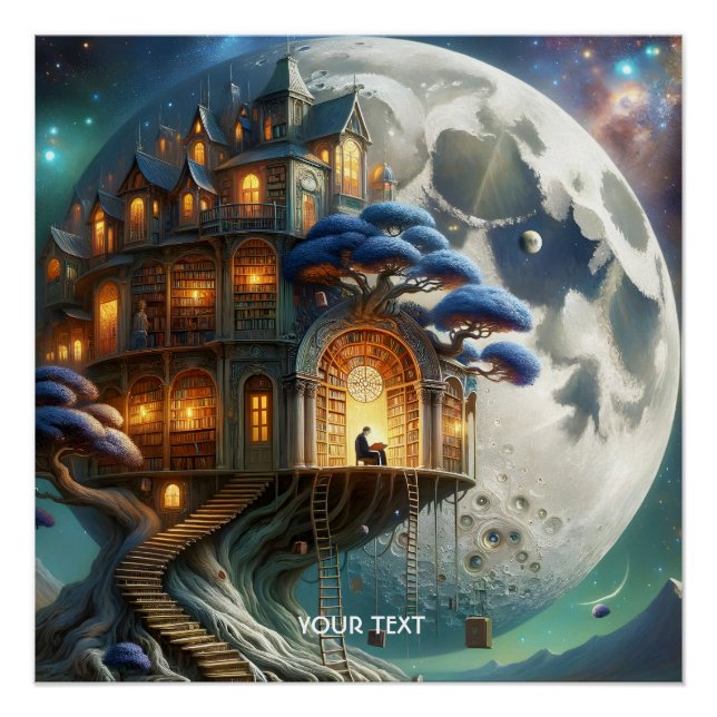 Fantasy Cute Boy Moon Library Poster (Front)