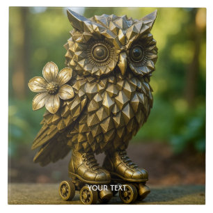 Fantasy Cute Brass Owl Skates Ceramic Tile