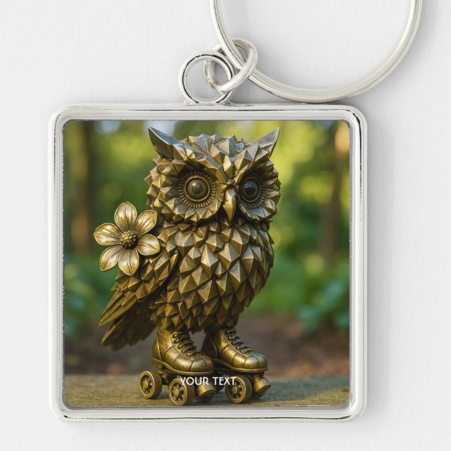 Fantasy Cute Brass Owl Skates Key Ring (Front)
