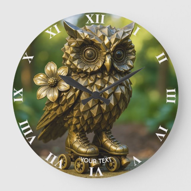 Fantasy Cute Brass Owl Skates Large Clock (Front)