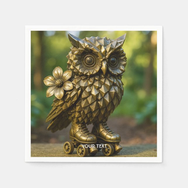 Fantasy Cute Brass Owl Skates Napkin (Front)