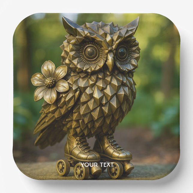 Fantasy Cute Brass Owl Skates Paper Plate (Front)