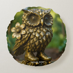 Fantasy Cute Brass Owl Skates Round Cushion