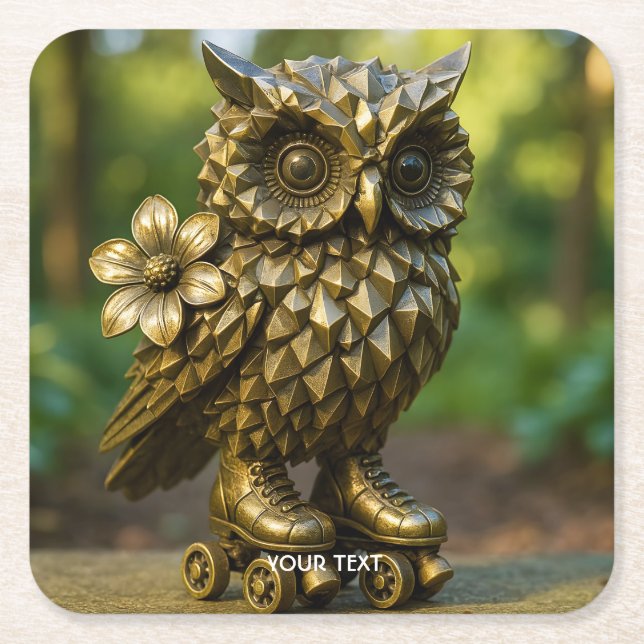 Fantasy Cute Brass Owl Skates Square Paper Coaster (Front)