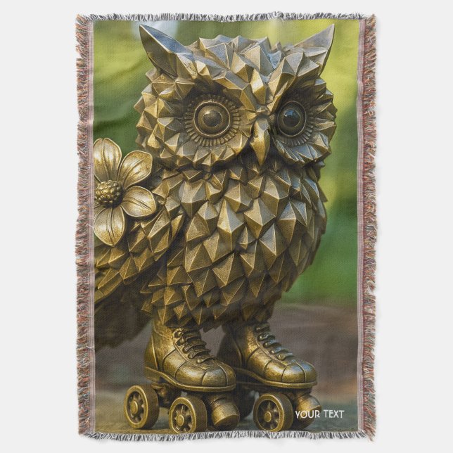 Fantasy Cute Brass Owl Skates Throw Blanket (Front Vertical)