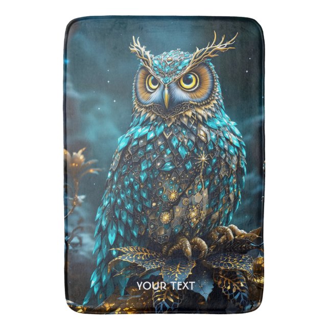 Fantasy Cute Brass Turquoise Owl Bath Mat (Front Vertical)
