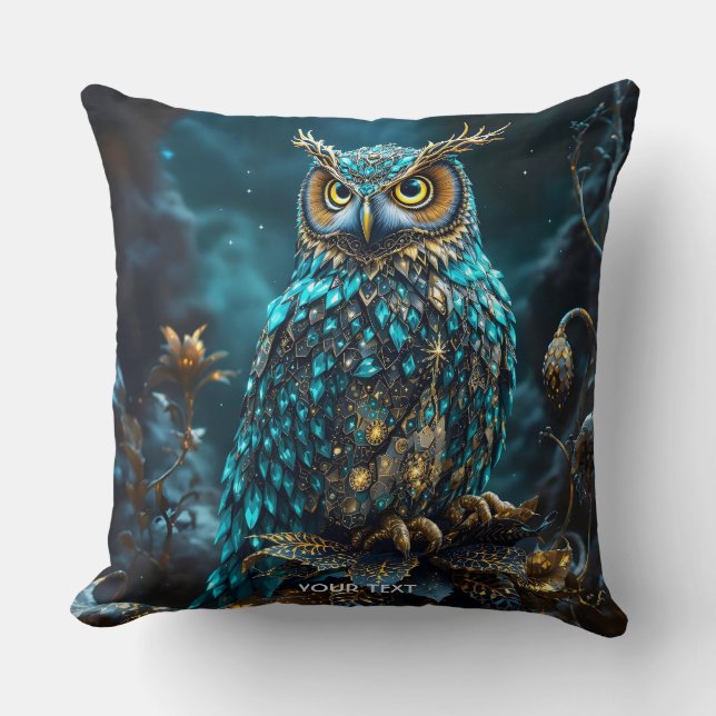 Fantasy Cute Brass Turquoise Owl Cushion (Front)