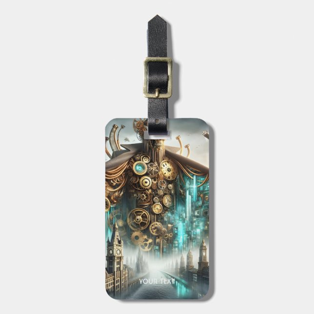 Fantasy Cute Bridge Steampunk Robot Luggage Tag (Front Vertical)
