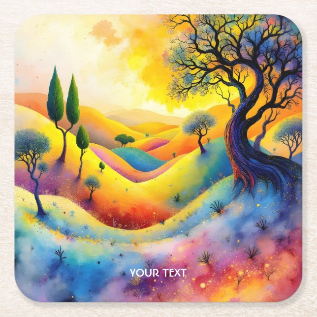 Fantasy Cute Bright Vibrant Landscape Square Paper Coaster (Front)