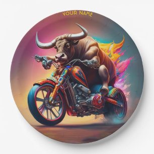 Fantasy Cute Bull Riding Bike Paper Plate