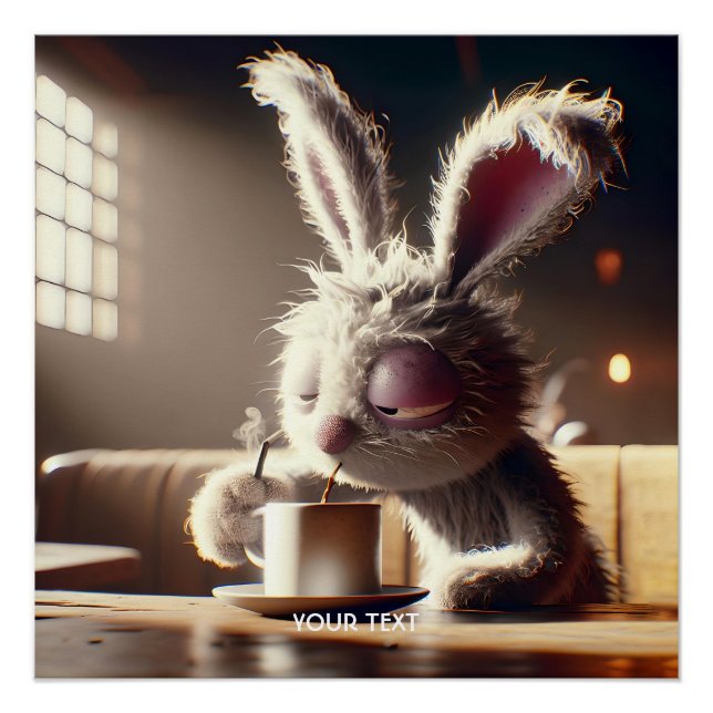 Fantasy Cute Bunny Drinking Coffee Poster (Front)