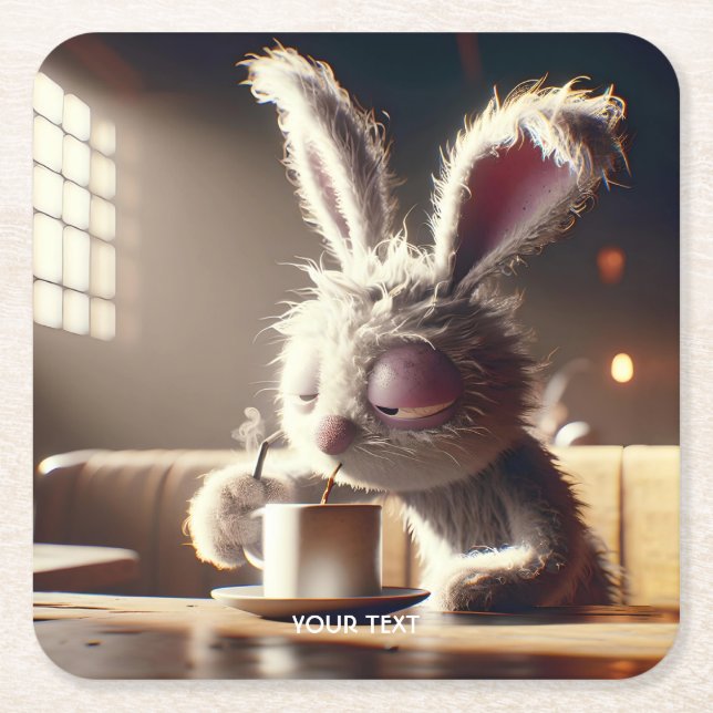 Fantasy Cute Bunny Drinking Coffee Square Paper Coaster (Front)