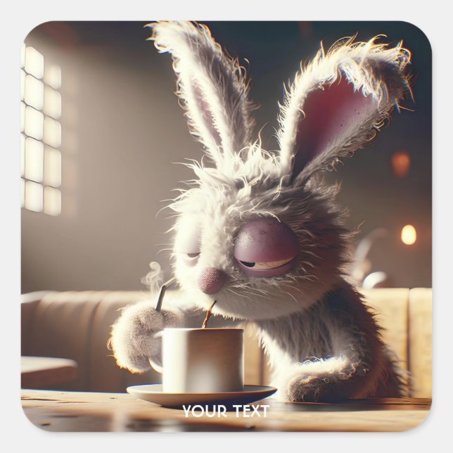 Fantasy Cute Bunny Drinking Coffee Square Sticker (Front)