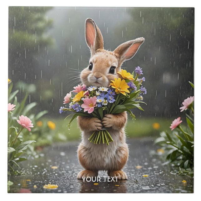 Fantasy Cute Bunny Flowers Rain Ceramic Tile (Front)