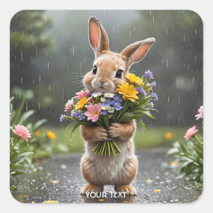 Fantasy Cute Bunny Flowers Rain Square Sticker